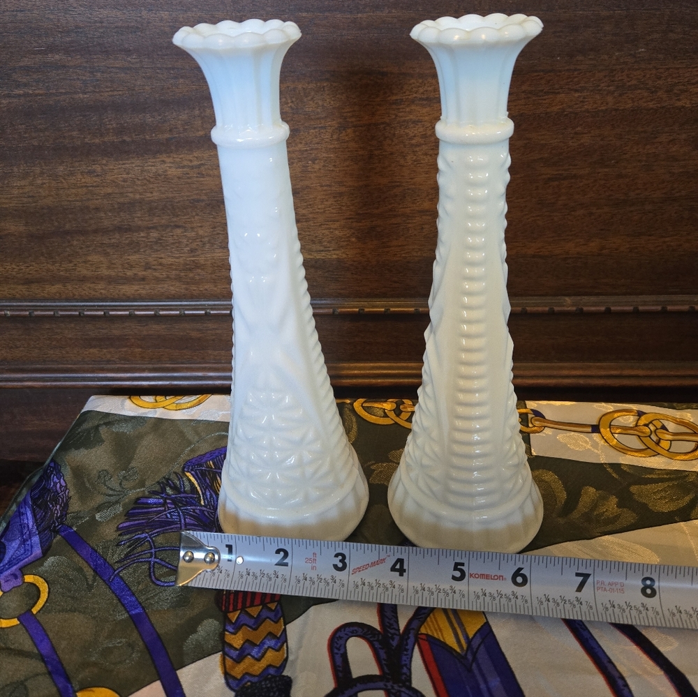 Set Of Two 9 Inch Tall Milk Glass Vases - Picture 6 of 7